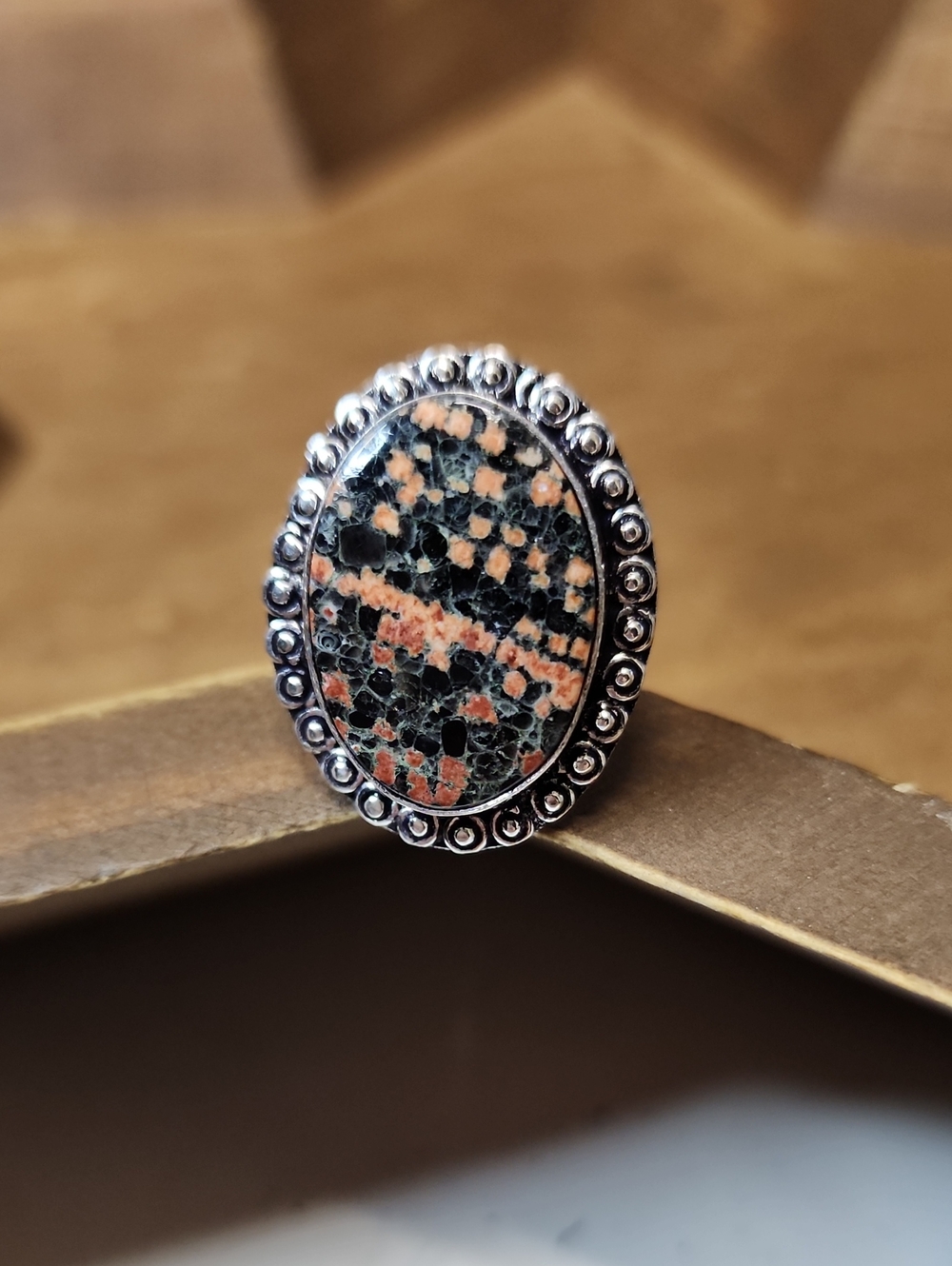 Handcrafted Oval Stone Statement Ring - Black & Peach